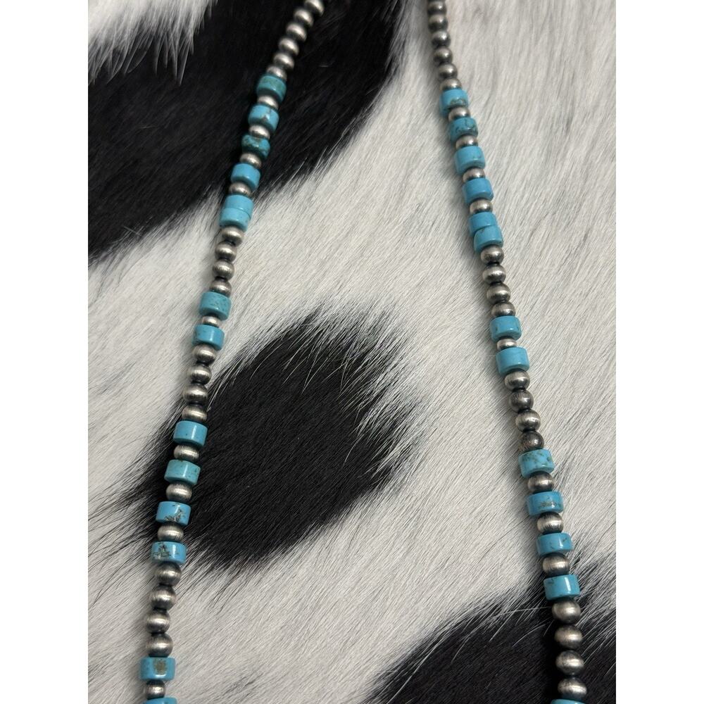 Native American Sterling Silver 5mm Navajo Pearl 6mm Turquoise HEISHI Necklace - Picture 9 of 9